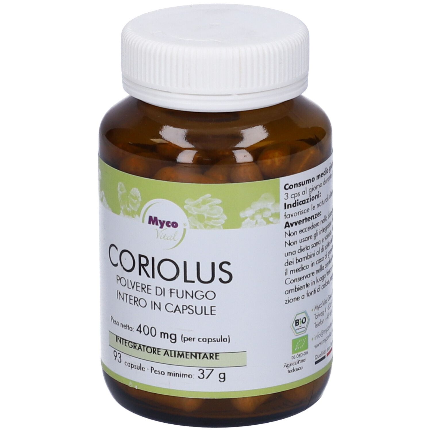 Flacone marrone con capsule. Scritta: Coriolus, Myco Vital. 93 capsule, 37g. Sigillo bio.