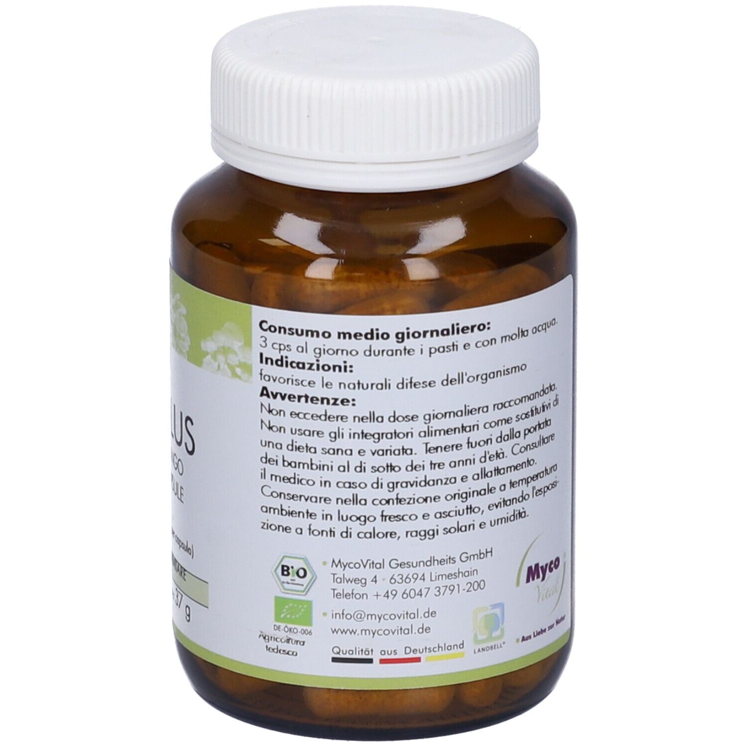 Retro del flacone marrone. Testo: istruzioni, sigillo bio, produttore, scadenza.