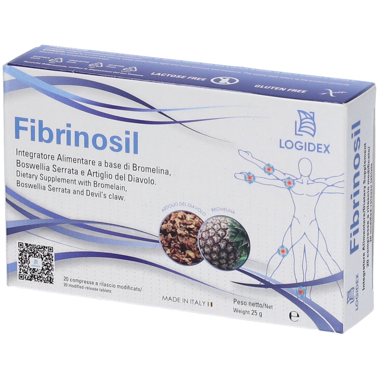 Scatola Fibrinosil. Contiene 20 compresse. Contiene bromelina, Boswellia Serrata e Artiglio del Diavolo. Senza glutine, senza lattosio.