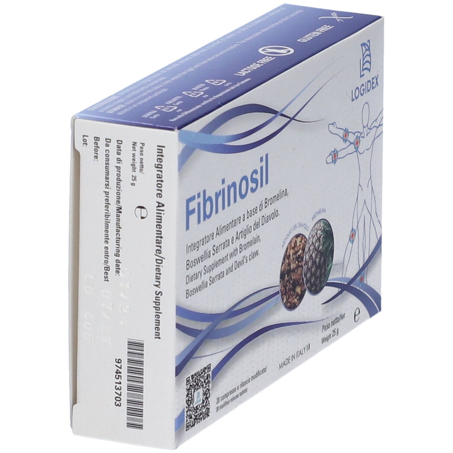 Scatola Fibrinosil, vista laterale. Contiene 20 compresse. Contiene bromelina, Boswellia Serrata e Artiglio del Diavolo.