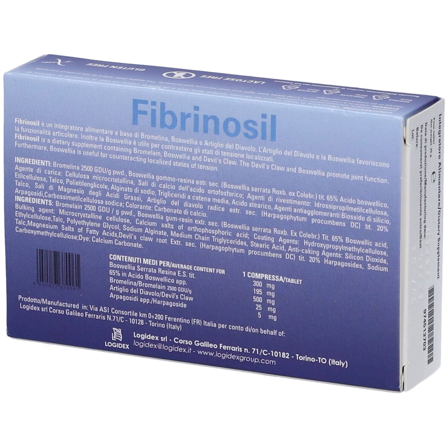 Retro della scatola Fibrinosil. Contiene ingredienti e informazioni nutrizionali. Contiene bromelina, Boswellia Serrata e Artiglio del Diavolo.