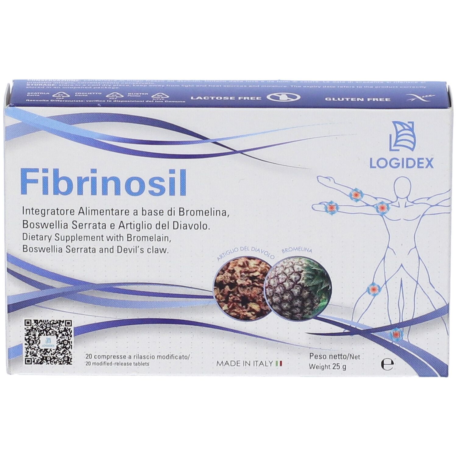 Scatola Fibrinosil. Contiene 20 compresse. Contiene bromelina, Boswellia Serrata e Artiglio del Diavolo. Senza glutine, senza lattosio.