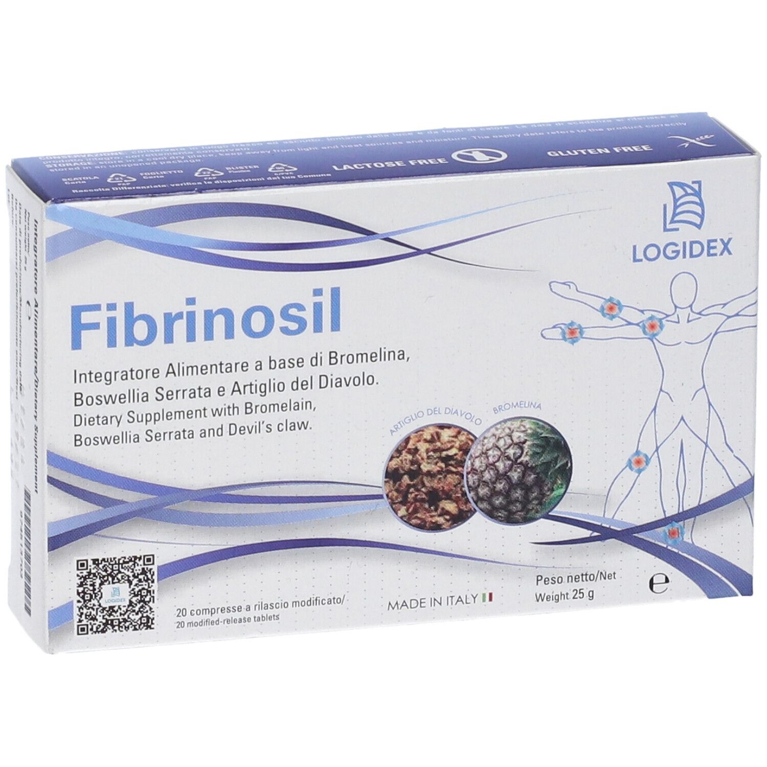 Scatola Fibrinosil. Contiene 20 compresse. Contiene bromelina, Boswellia Serrata e Artiglio del Diavolo. Senza glutine, senza lattosio.