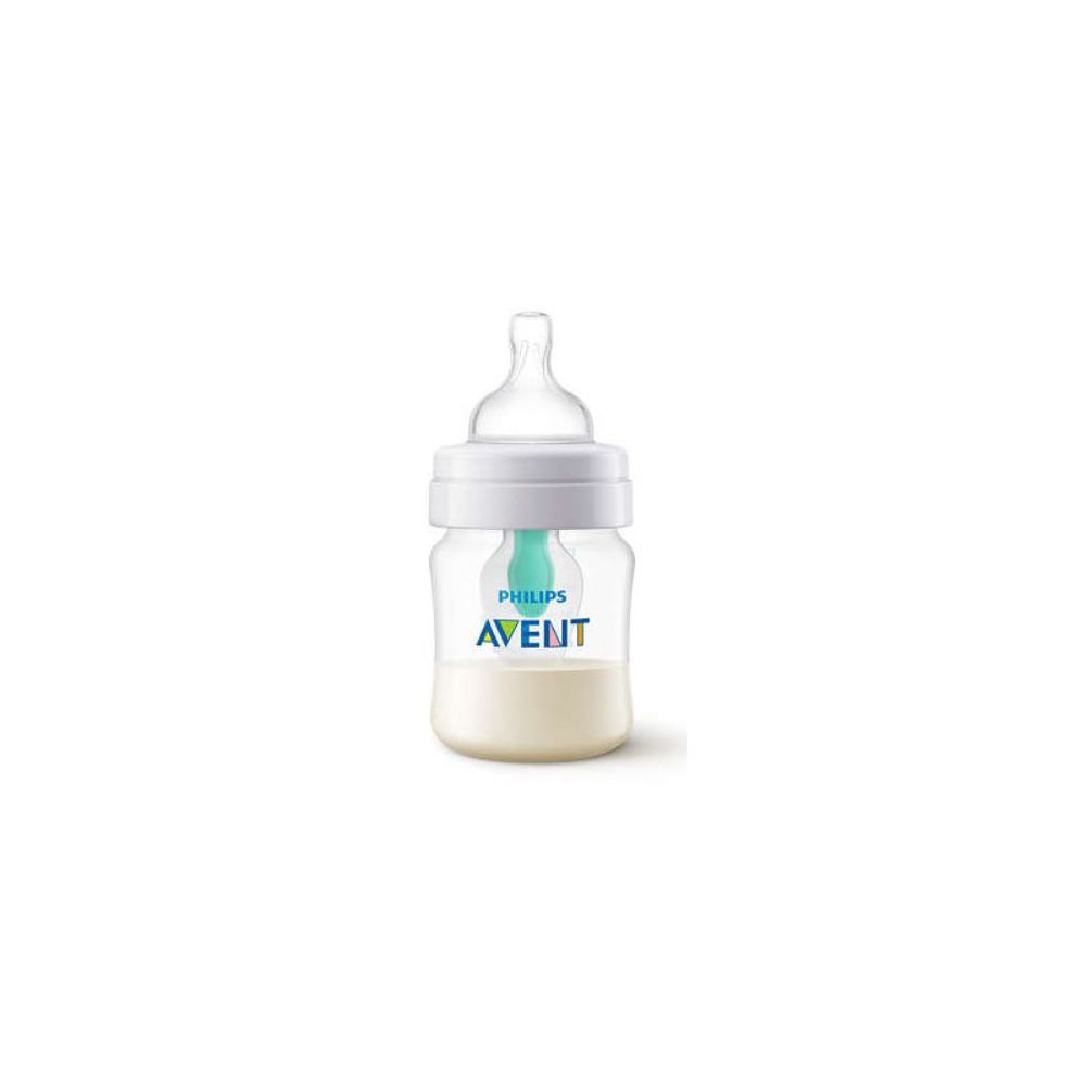 Biberon con latte. Contenitore trasparente, tappo bianco, tettarella blu. Logo Avent.
