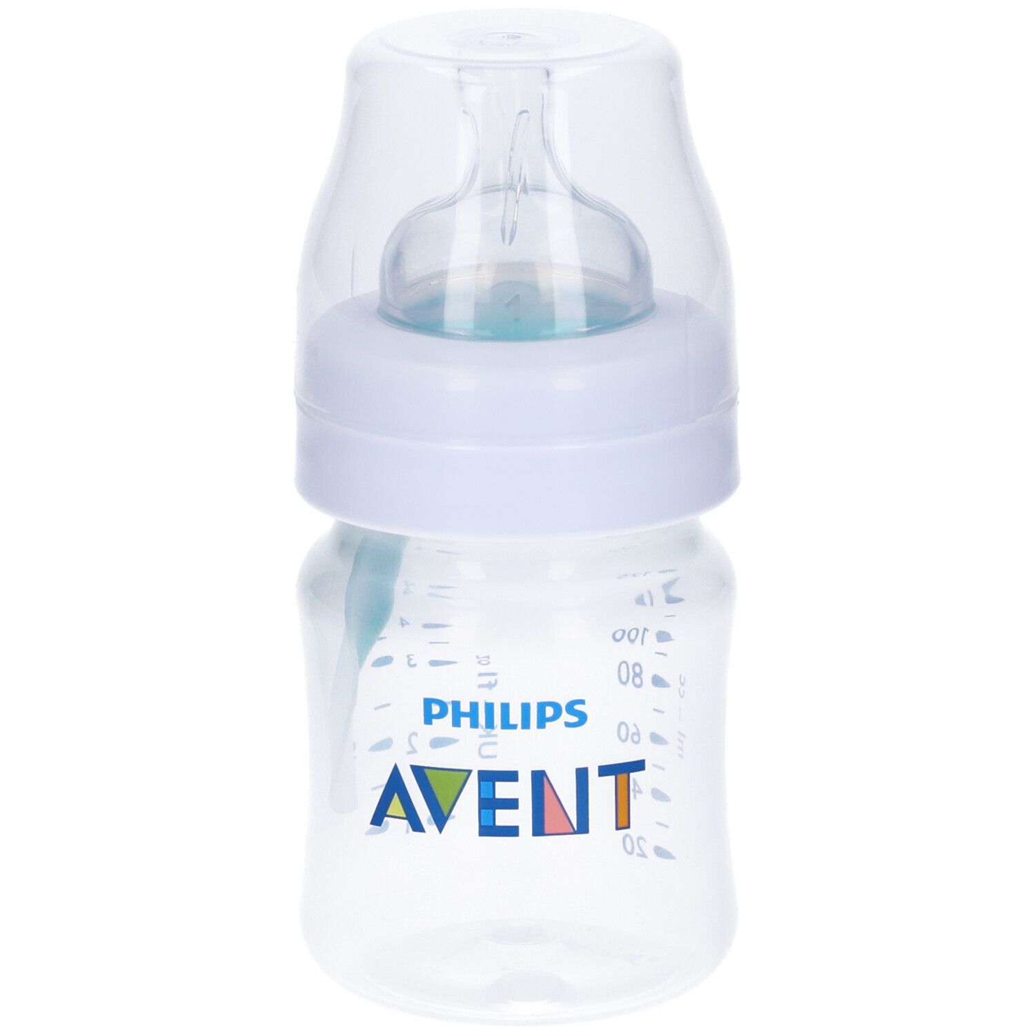 Biberon con scala graduata. Contenitore trasparente, tappo bianco, misure blu. Logo Avent.