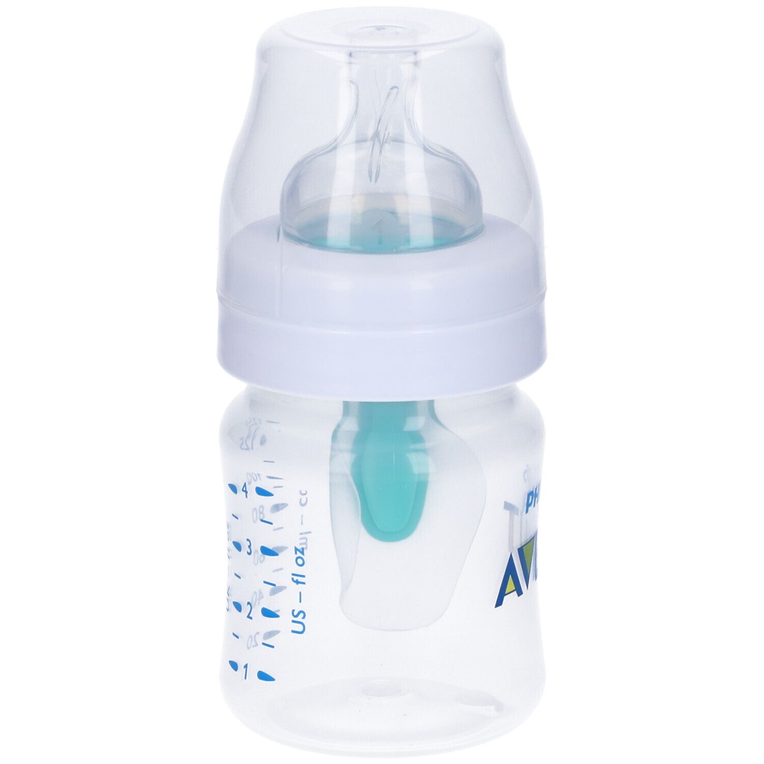 Biberon con scala graduata. Contenitore trasparente, tappo bianco, misure blu. Logo Avent.