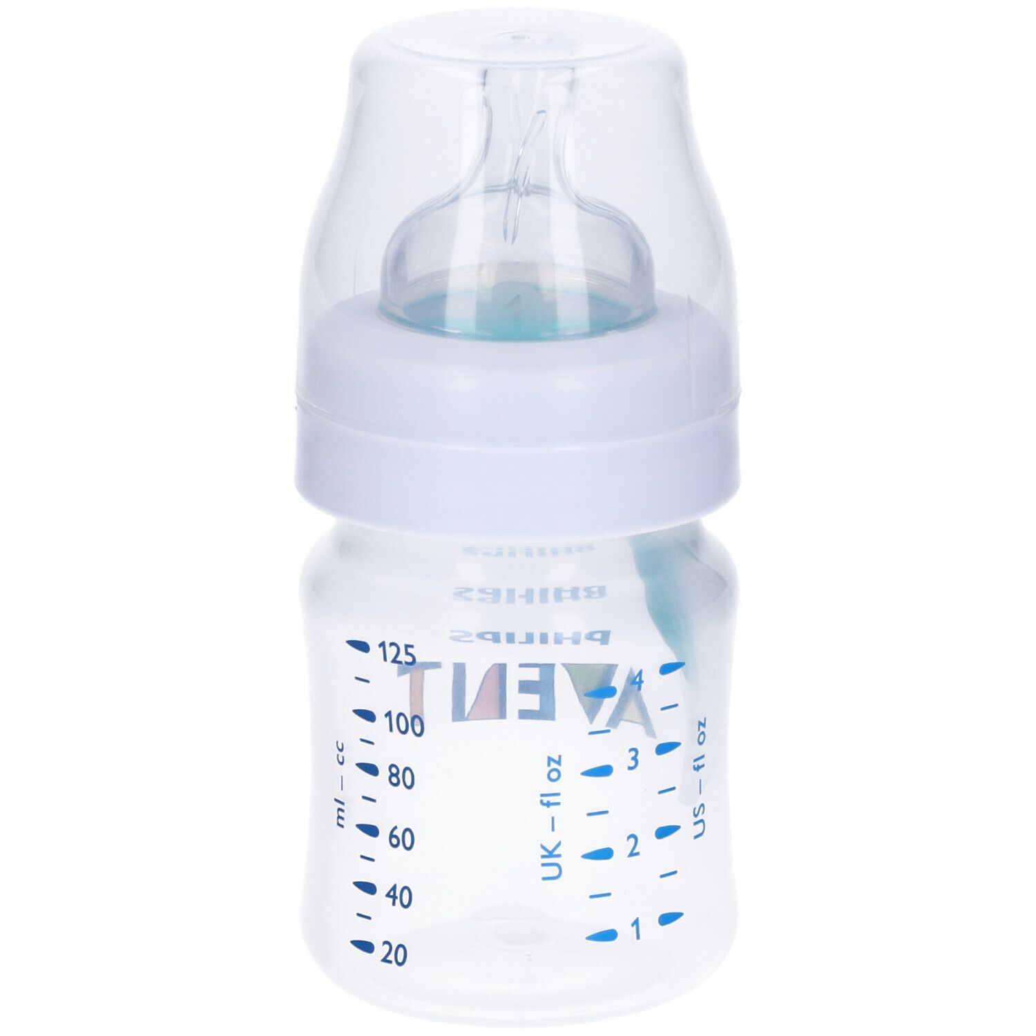 Biberon con scala graduata. Contenitore trasparente, tappo bianco, misure blu. Logo Avent.