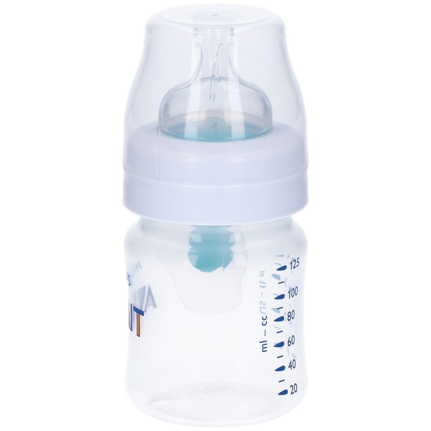 Biberon con scala graduata. Contenitore trasparente, tappo bianco, misure blu. Logo Avent.