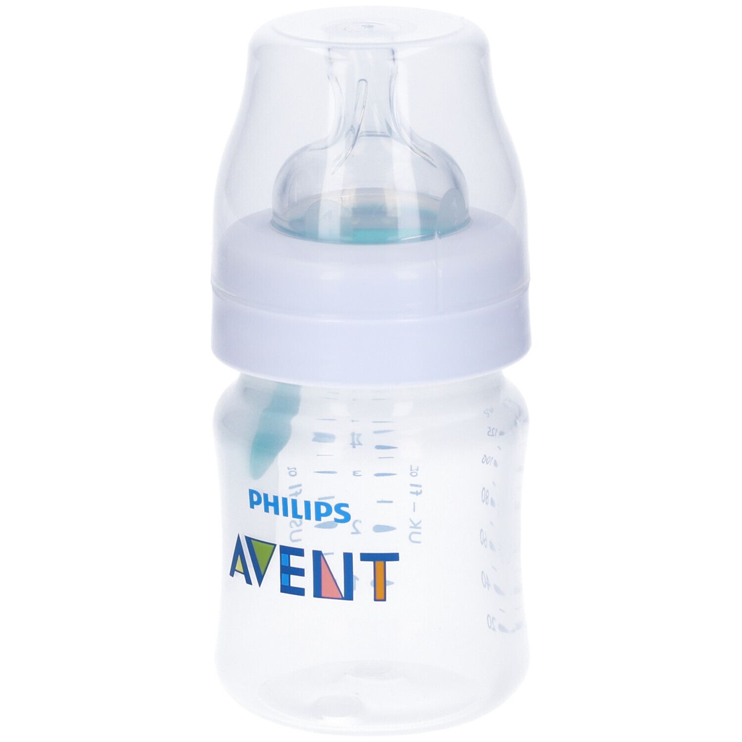 Biberon con scala graduata. Contenitore trasparente, tappo bianco, misure blu. Logo Avent.