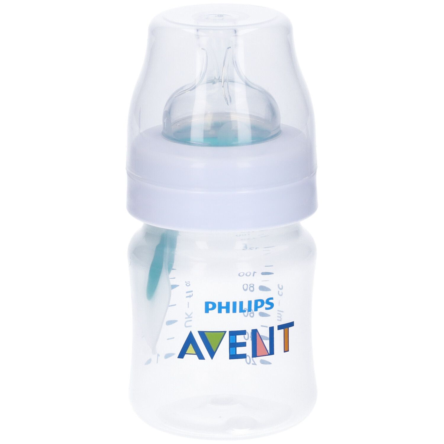 Biberon con scala graduata. Contenitore trasparente, tappo bianco, misure blu. Logo Avent.