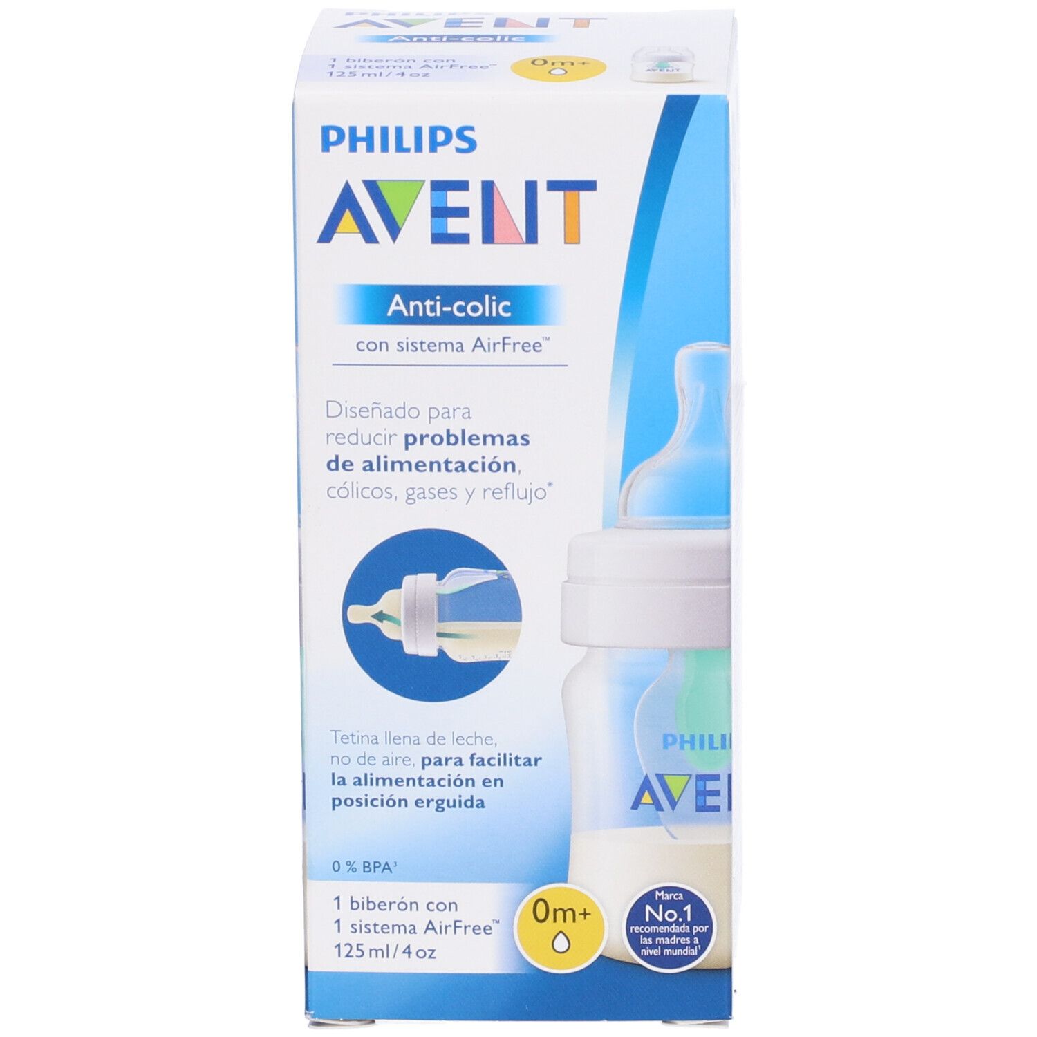 Confezione prodotto. Biberon Avent Anti-colica illustrato. Testo: Anti-colica, sistema AirFree, 125ml, 0m+.