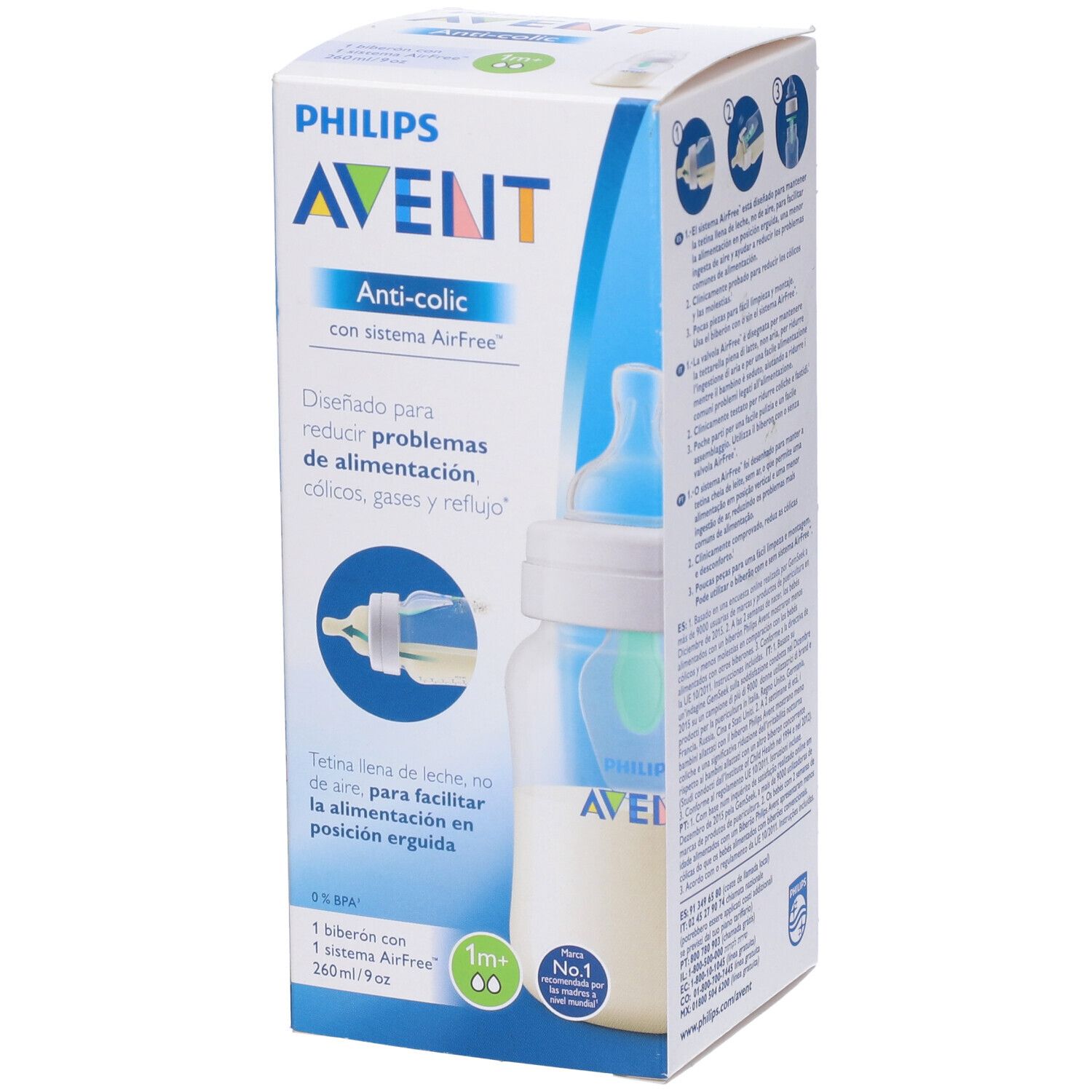 Confezione del biberon. Marchio Avent, Anti-colica. Biberon con liquido illustrato. Testo in spagnolo.