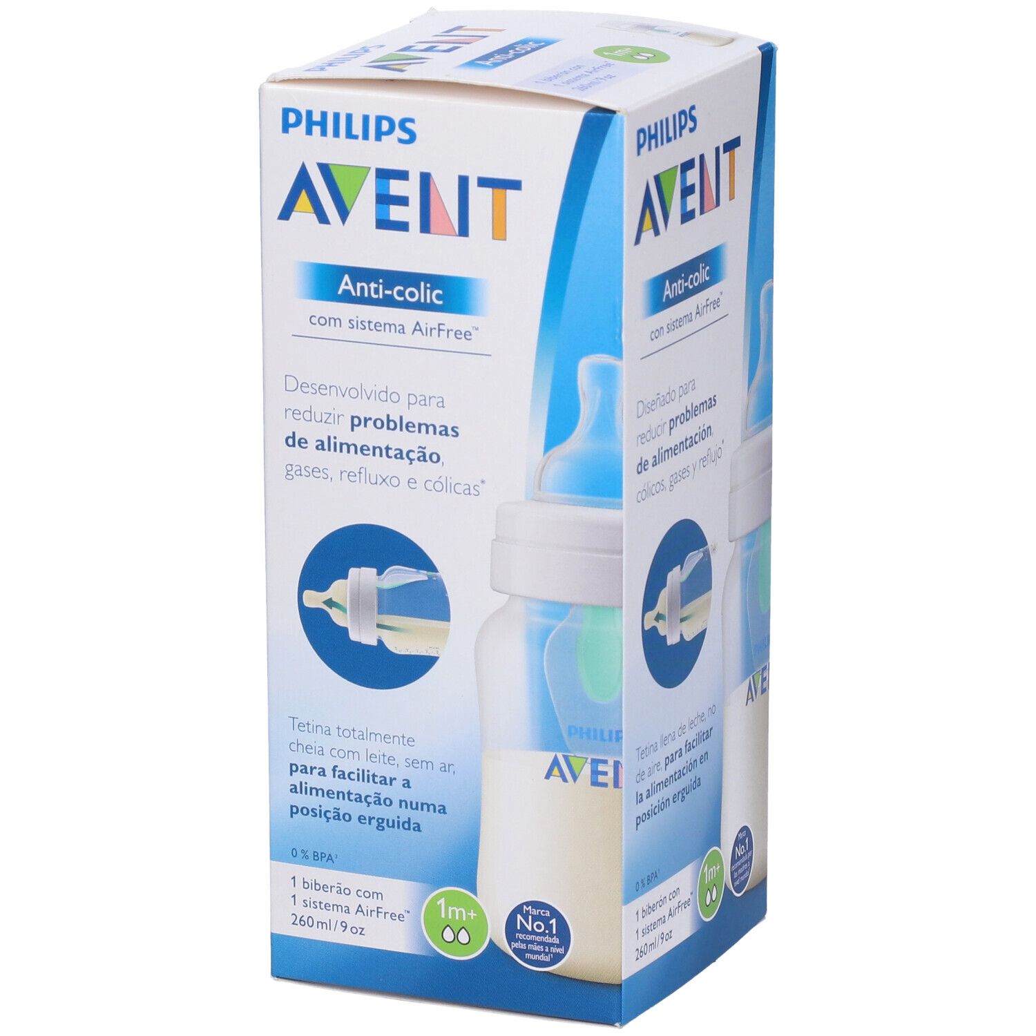 Confezione del biberon. Marchio Avent, Anti-colica. Biberon con liquido illustrato. Testo in spagnolo.