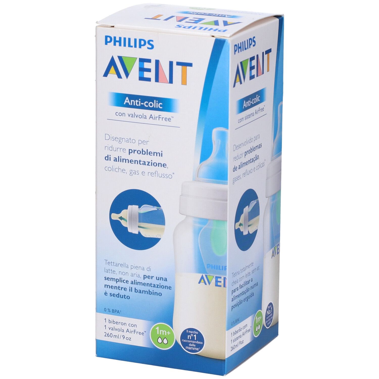 Confezione del biberon. Marchio Avent, Anti-colica. Biberon con liquido illustrato. Testo in italiano.