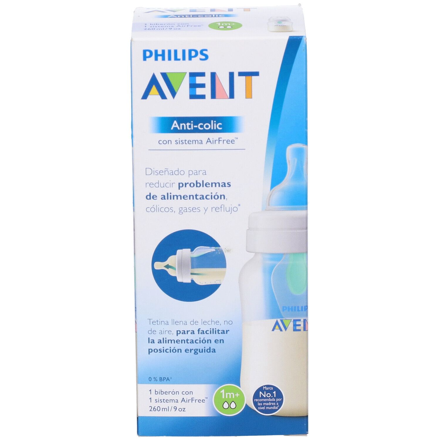 Confezione del biberon. Marchio Avent, Anti-colica. Biberon con liquido illustrato. Testo in spagnolo.