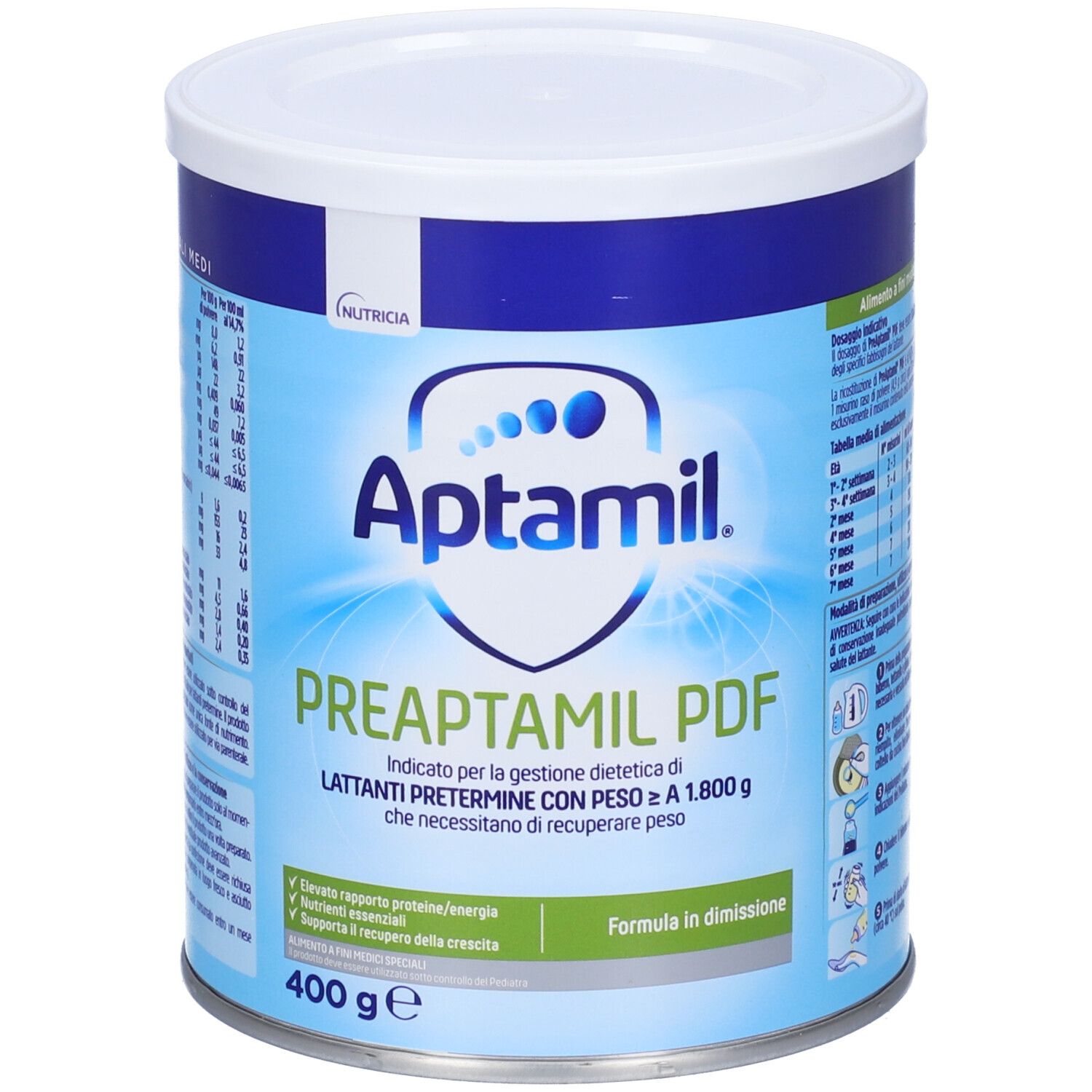 Lattina di latte in polvere Aptamil Preaptamil PDF. Lattina blu con coperchio bianco. Nome e logo del prodotto visibili.