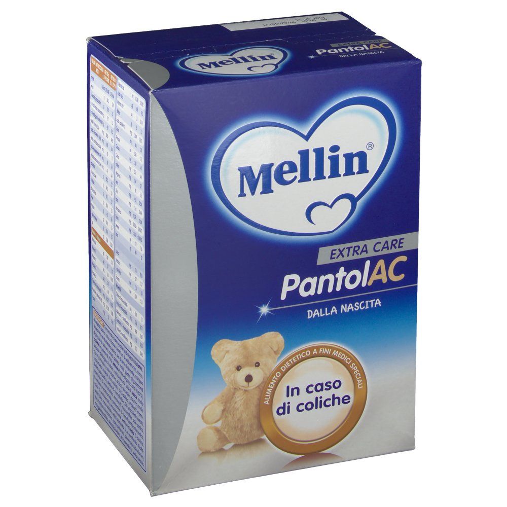 Scatola blu e bianca Mellin PantolAC. Illustrazione orsetto. Testo: In caso di coliche.
