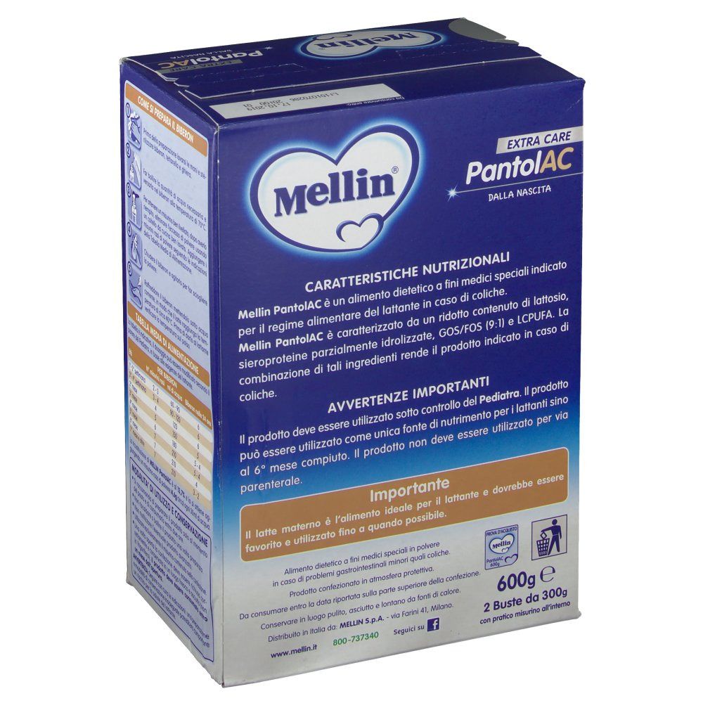Scatola blu e bianca Mellin PantolAC. Testo e informazioni nutrizionali sul lato. 600g, 2 buste.