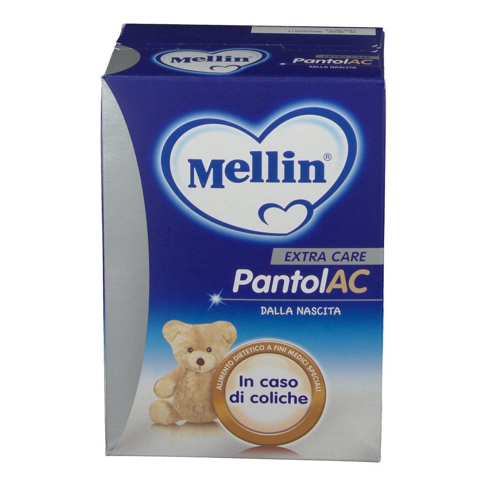 Scatola blu e bianca Mellin PantolAC. Illustrazione orsetto. Testo: In caso di coliche.