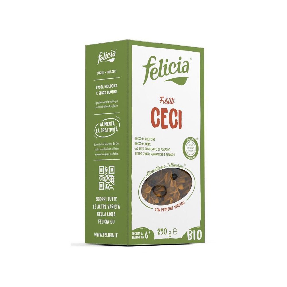 Felicia Bio Fusilli Ceci 250g. Confezione verde con nome e ingredienti. Finestra mostra pasta. Sigillo bio.