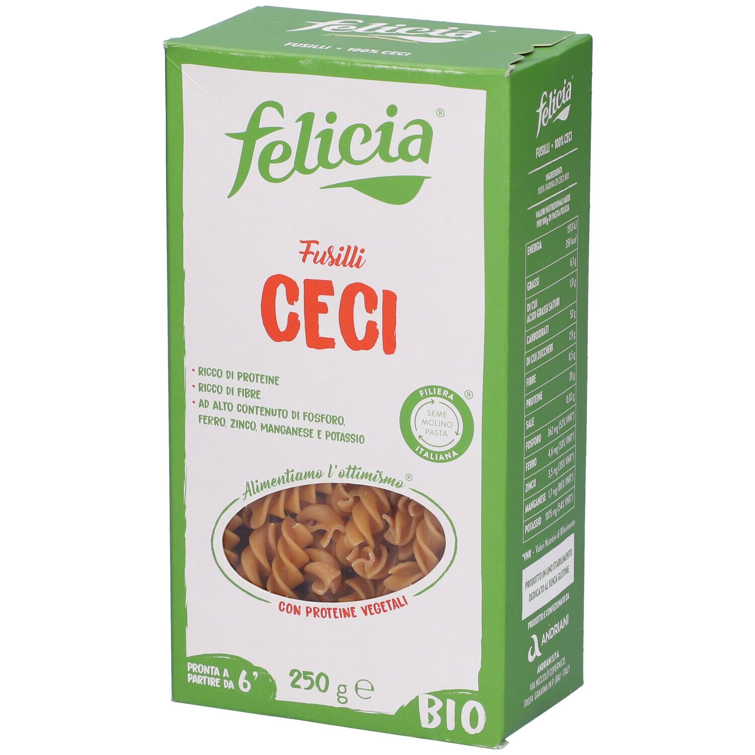 Felicia Bio Fusilli Ceci 250g. Confezione verde con nome e valori nutrizionali. Sigillo bio. Pasta.