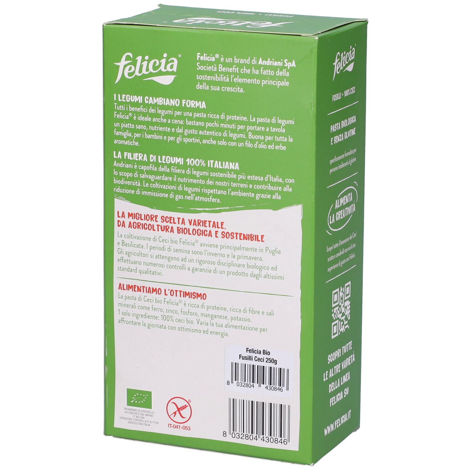 Felicia Bio Fusilli Ceci 250g. Retro della confezione con testo. Sigillo bio e codice QR.