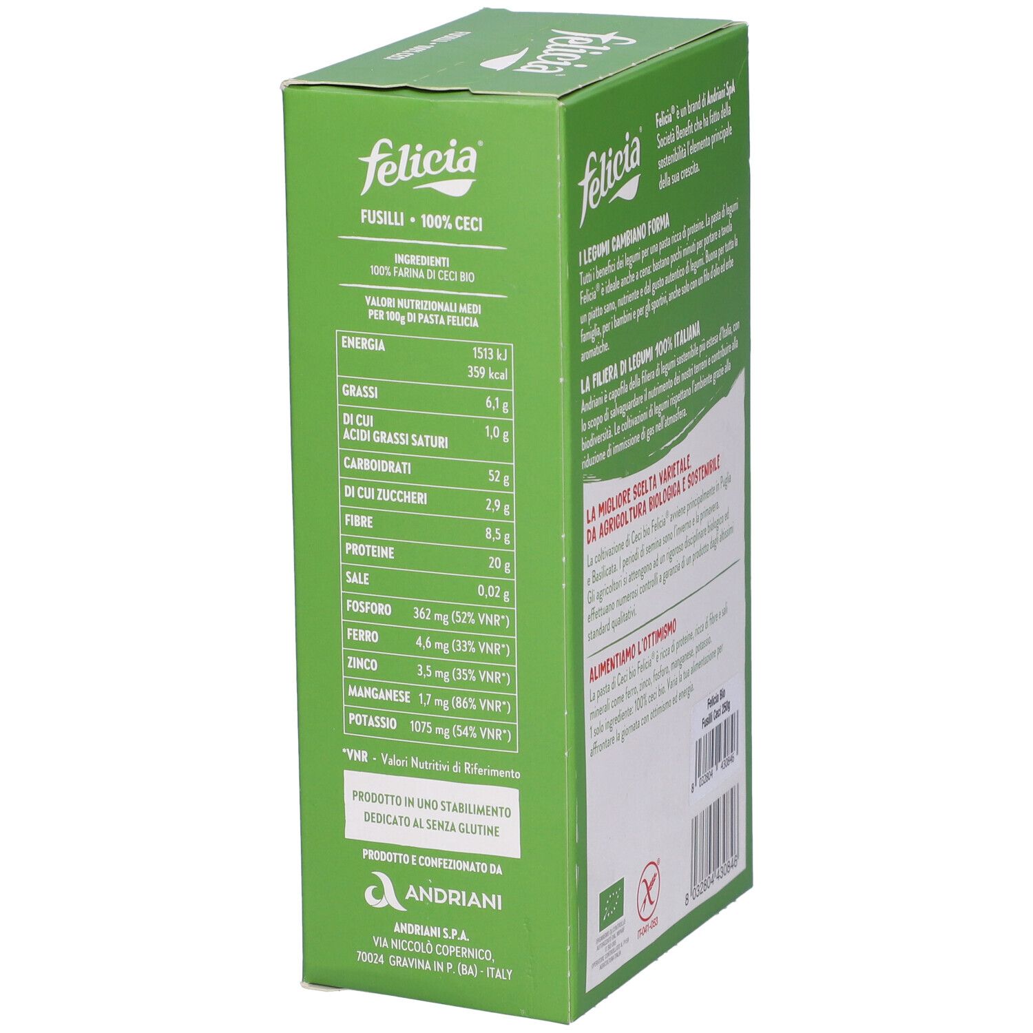 Felicia Bio Fusilli Ceci 250g. Retro con valori nutrizionali. Sigillo bio e testo.