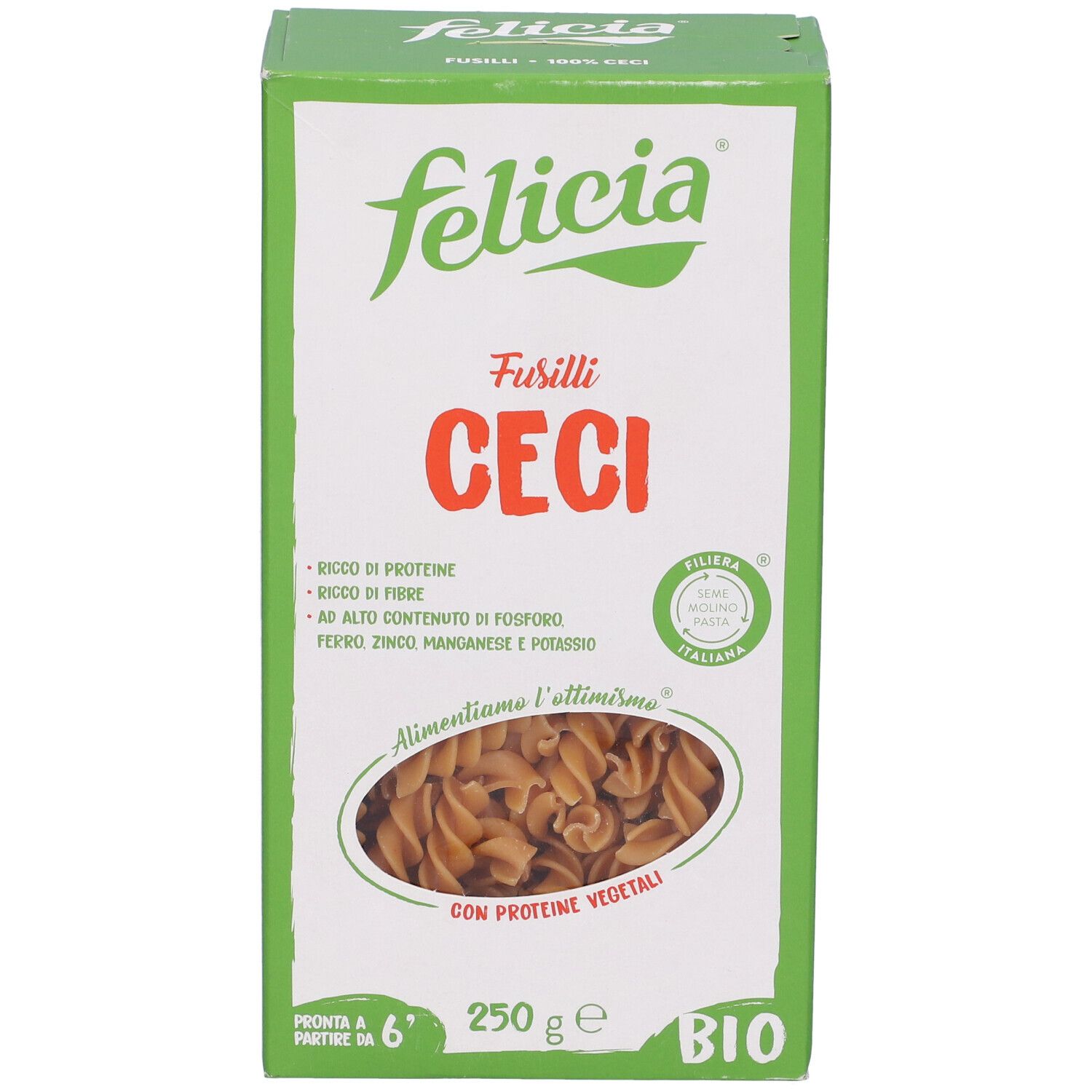 Felicia Bio Fusilli Ceci 250g. Confezione verde con nome e valori nutrizionali. Sigillo bio. Pasta.