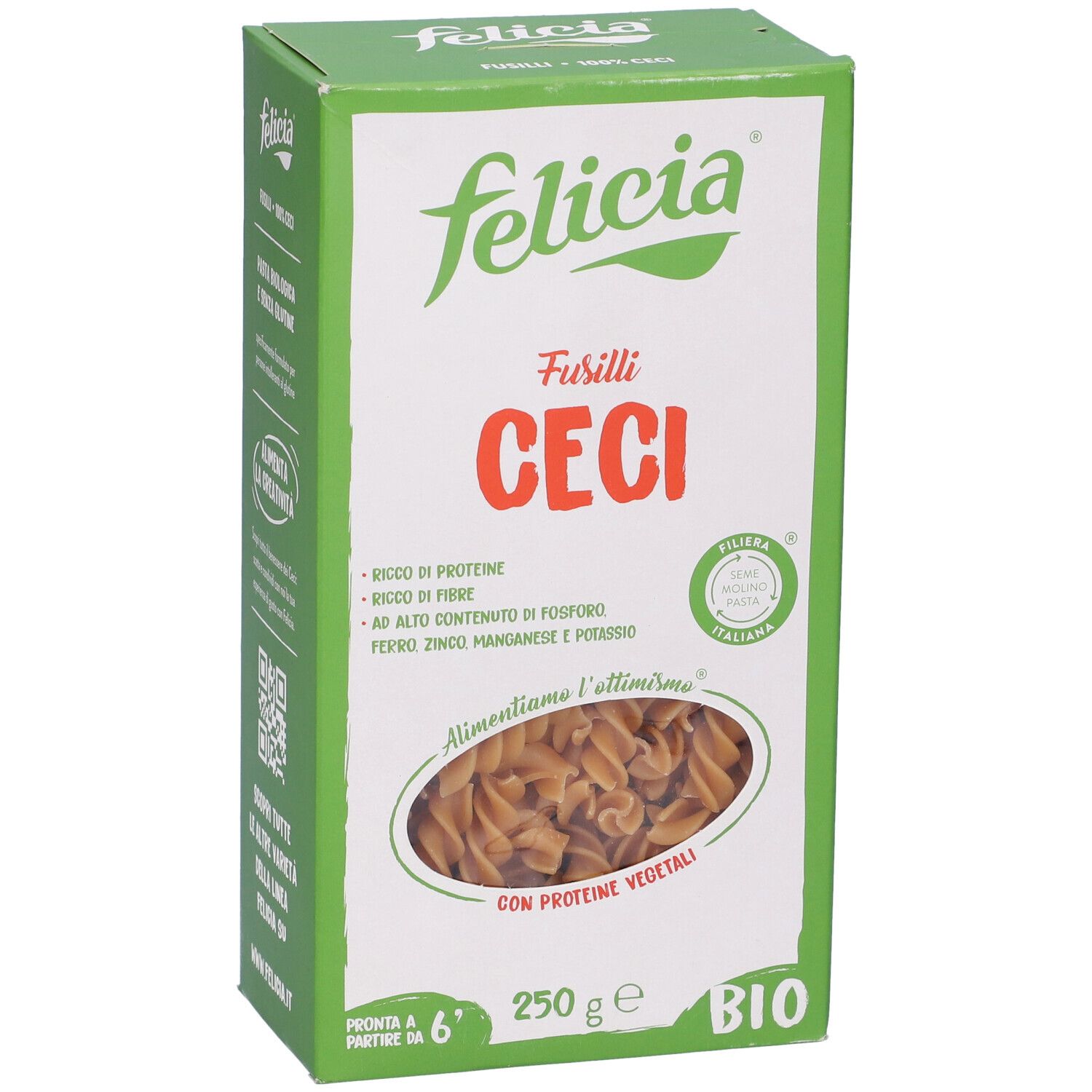 Felicia Bio Fusilli Ceci 250g. Confezione verde con nome e ingredienti. Finestra mostra pasta. Sigillo bio.
