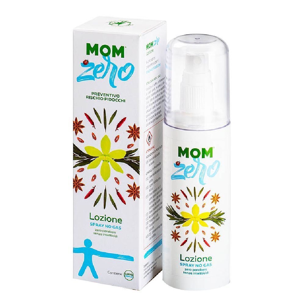 Flacone bianco con erogatore e scatola. Scritta MOM zero, Loziione, Spray No Gas. Illustrazioni.
