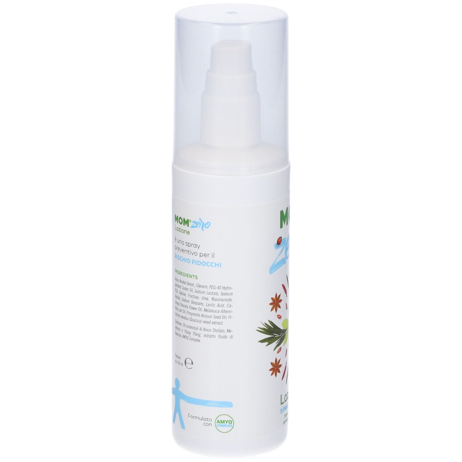 Flacone bianco con erogatore. Scritta MOM zero, Loziione, Spray No Gas. Testo e illustrazioni.
