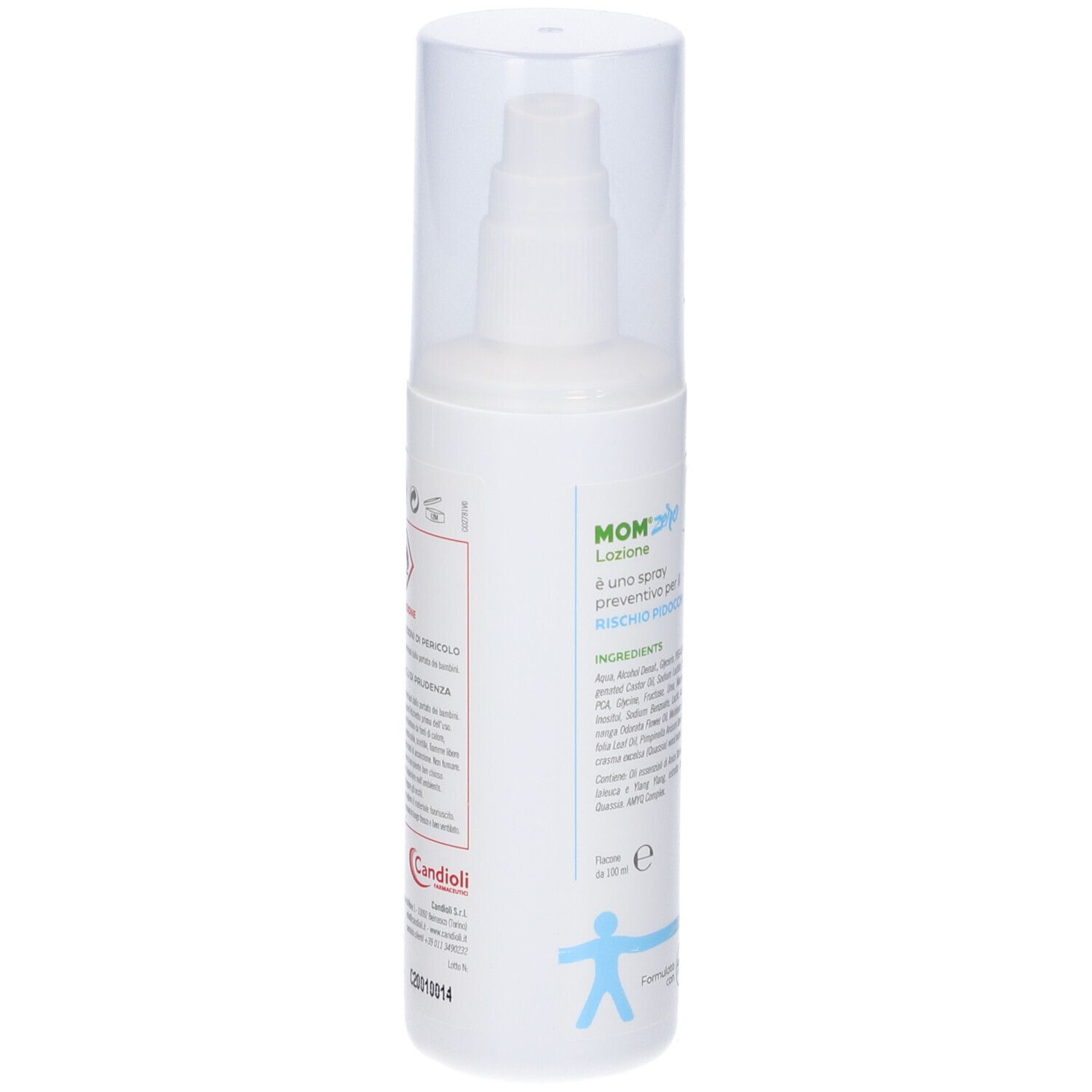 Flacone bianco con erogatore. Testo e illustrazioni. Scritta MOM zero, Loziione, Spray No Gas.