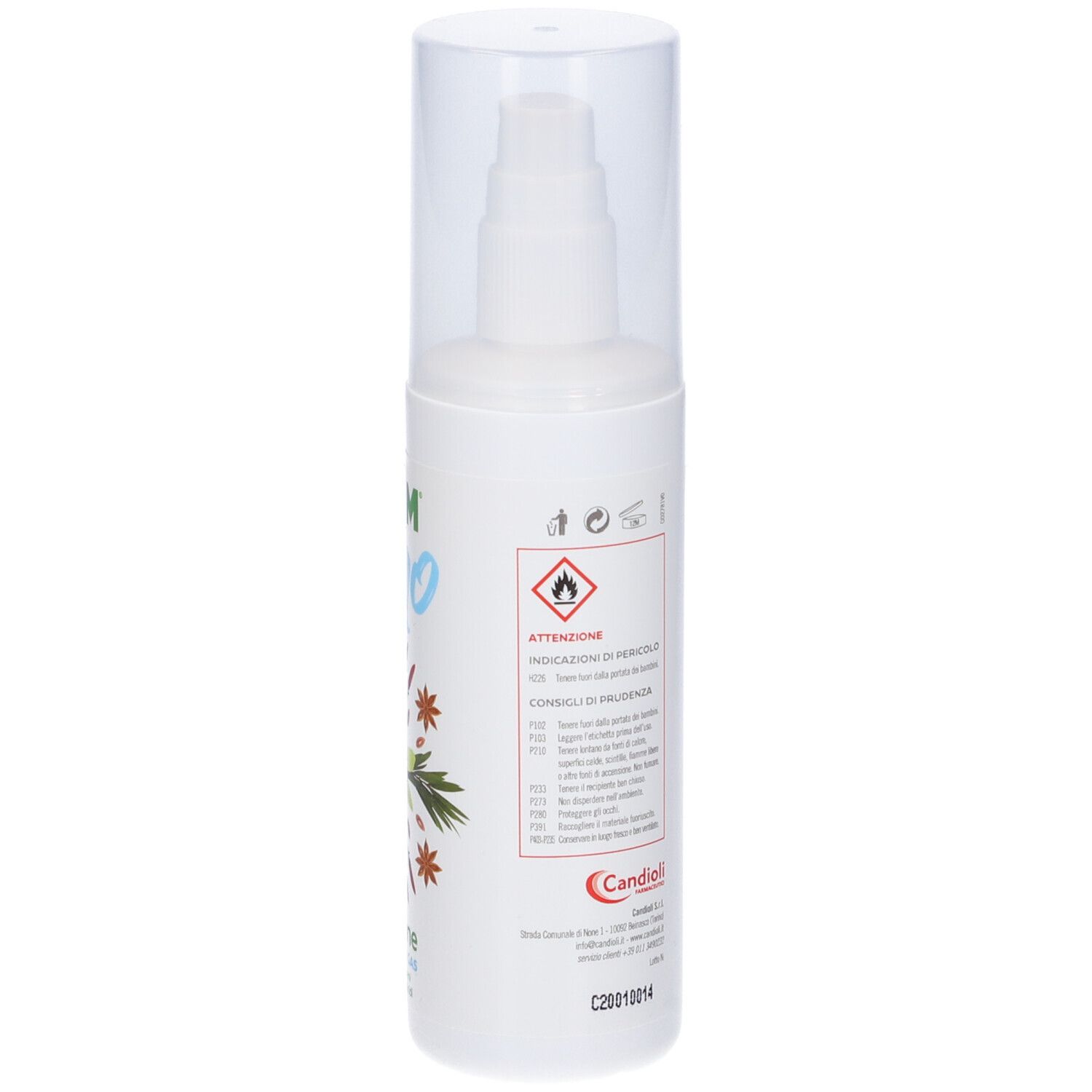 Flacone bianco con erogatore. Testo e illustrazioni. Scritta MOM zero, Loziione, Spray No Gas.
