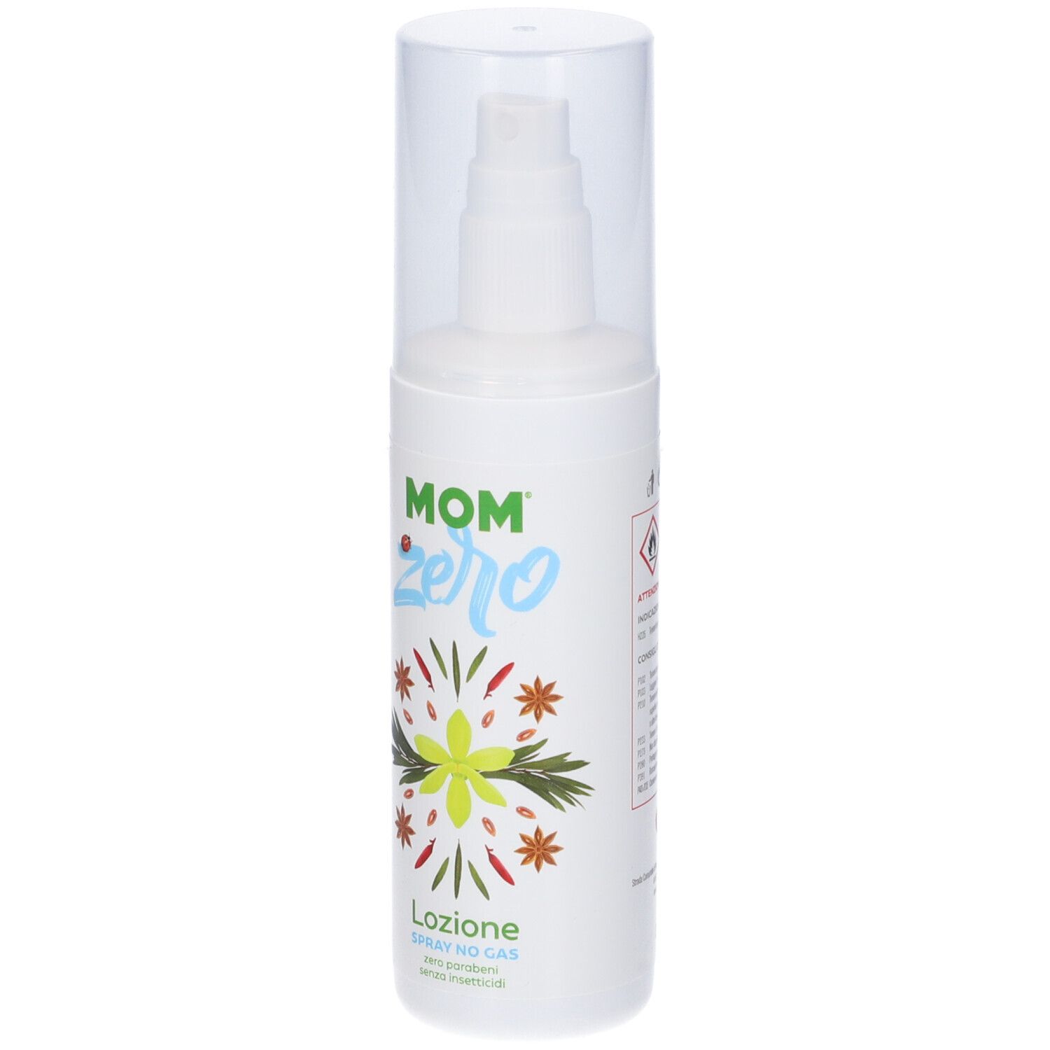 Flacone bianco con erogatore. Scritta MOM zero, Loziione, Spray No Gas. Illustrazioni.