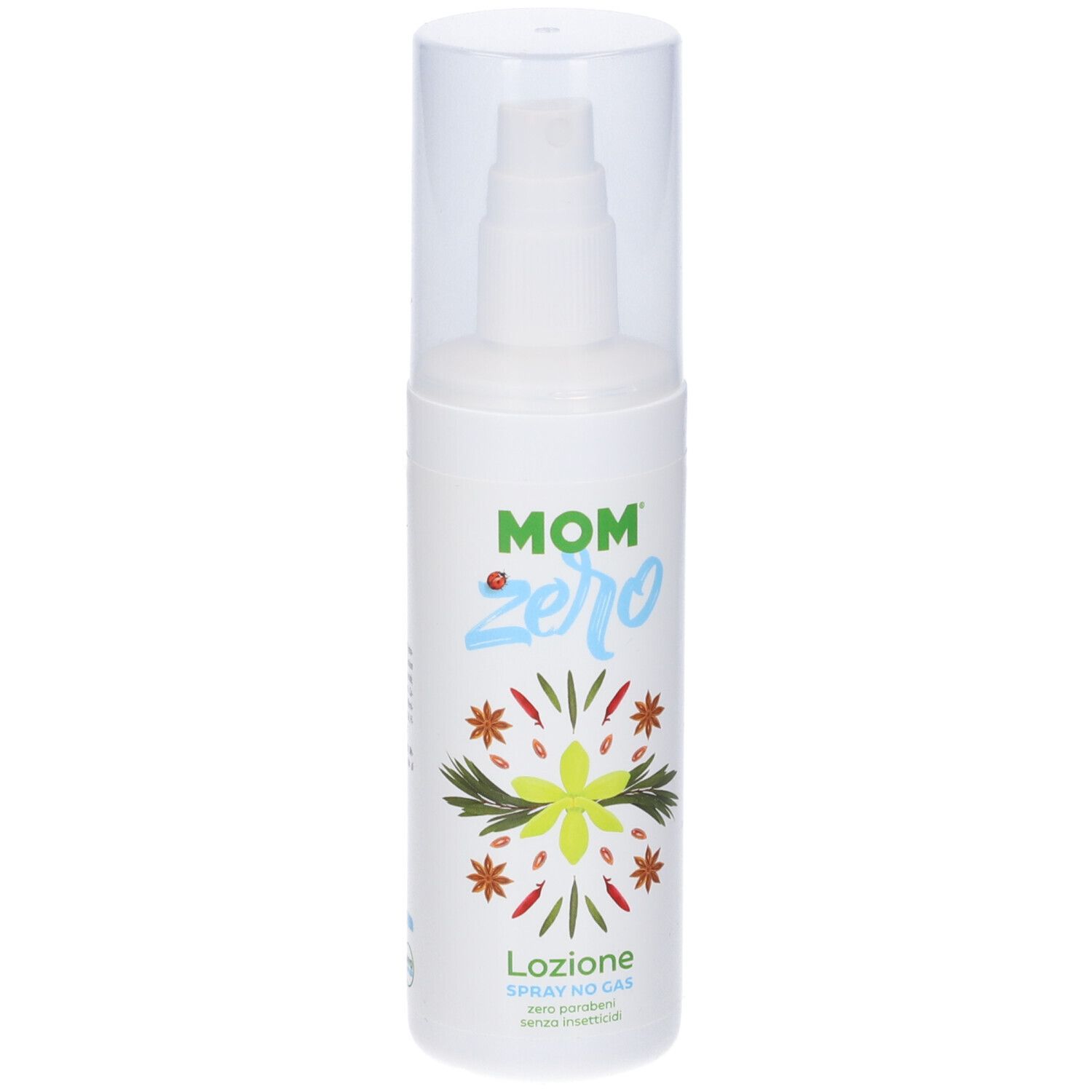 Flacone bianco con erogatore. Scritta MOM zero, Loziione, Spray No Gas. Illustrazioni.