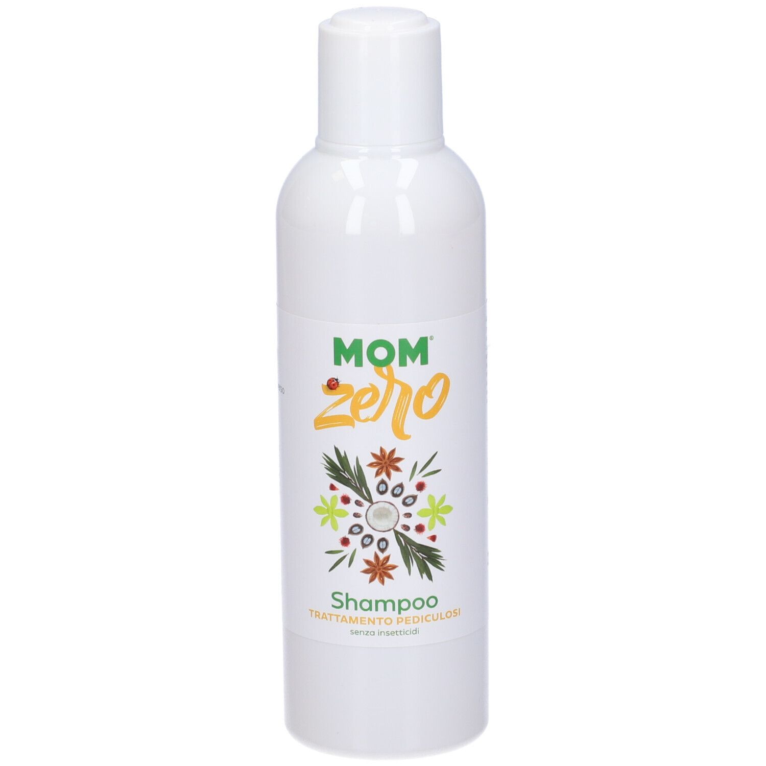 Flacone di shampoo Mom Zero. Flacone bianco con etichetta verde e gialla. Scritto: Shampoo, Trattamento Pediculosi.