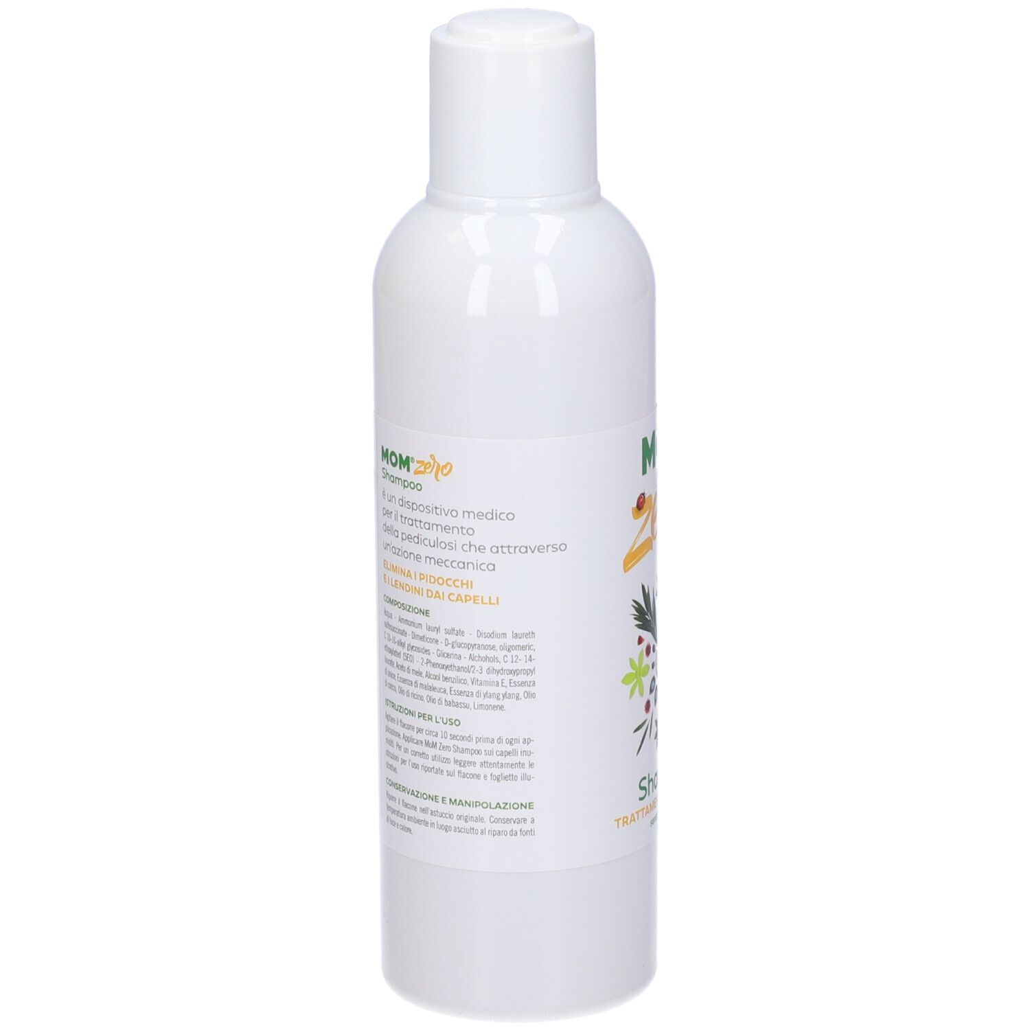 Flacone di shampoo Mom Zero. Flacone bianco con etichetta. Testo: Shampoo, Trattamento Pediculosi. Dispositivo medico.