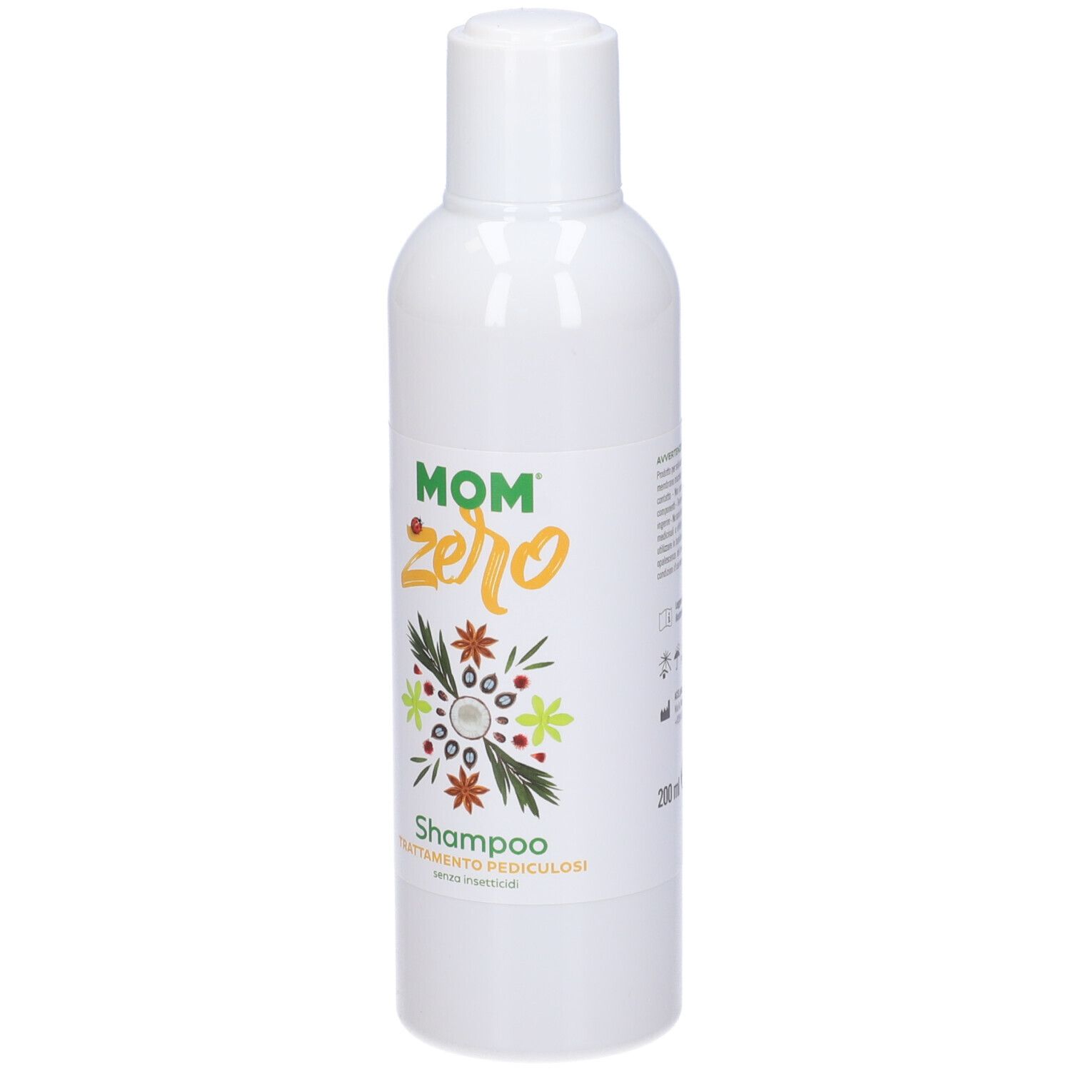 Flacone di shampoo Mom Zero. Flacone bianco con etichetta. Scritto: Shampoo, Trattamento Pediculosi.