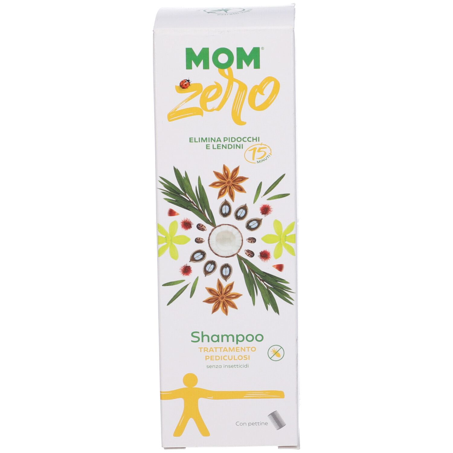 Scatola di shampoo Mom Zero. Scritto: Shampoo, Trattamento Pediculosi. Include un pettine.