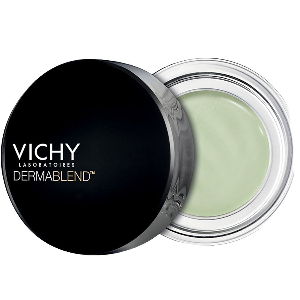 Pot rond avec contenu vert. Couvercle noir avec logo VICHY DERMABLEND blanc. Récipient en verre.