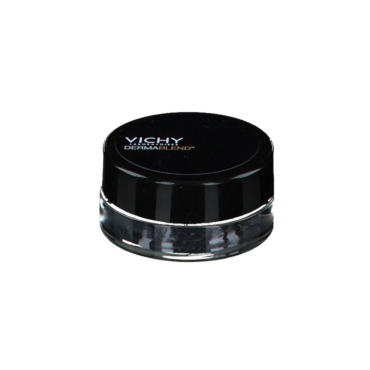 Pot rond avec couvercle noir. Logo VICHY DERMABLEND. Récipient en verre.