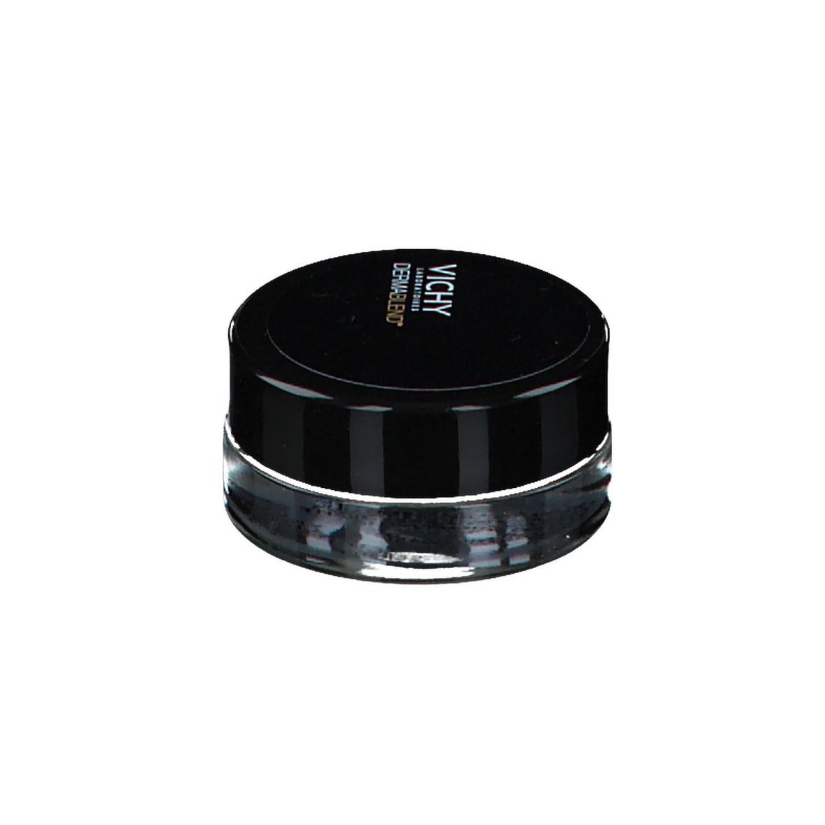 Pot rond avec couvercle noir. Logo VICHY DERMABLEND. Récipient en verre.