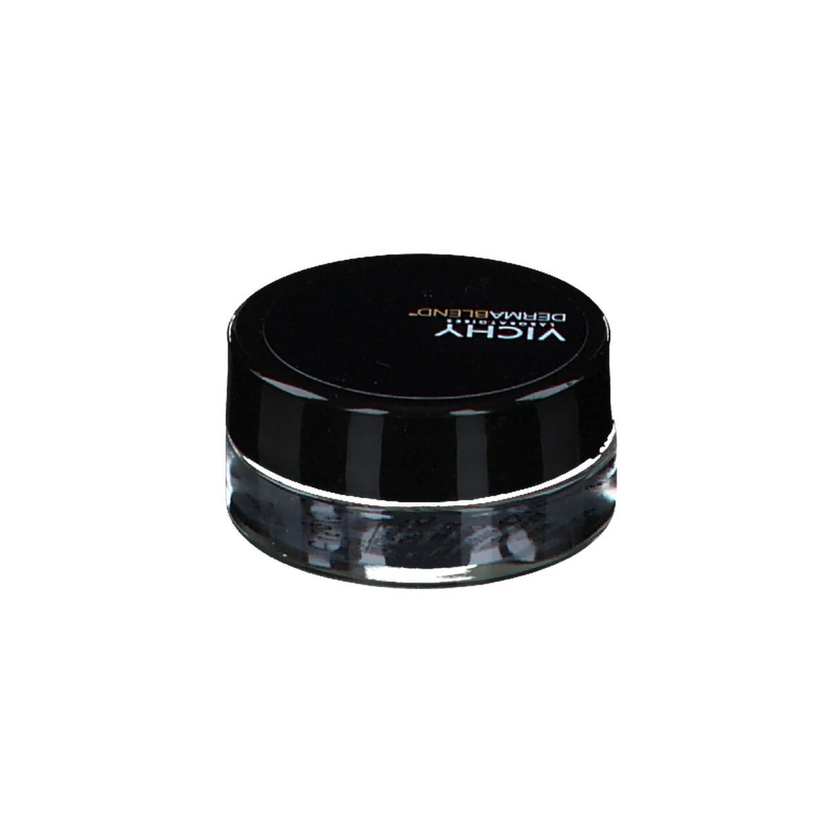 Pot rond avec couvercle noir. Logo VICHY DERMABLEND. Récipient en verre.