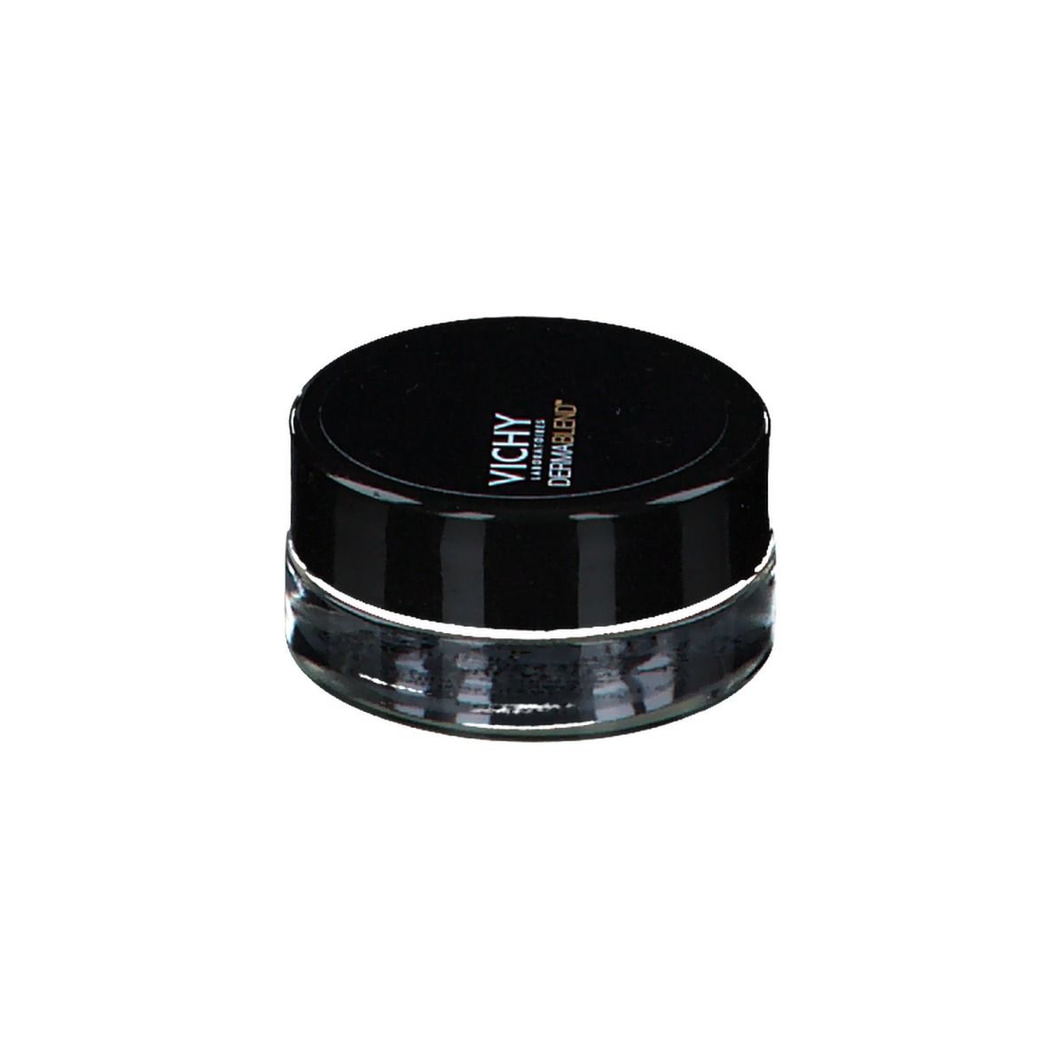 Pot rond avec couvercle noir. Logo VICHY DERMABLEND. Récipient en verre.