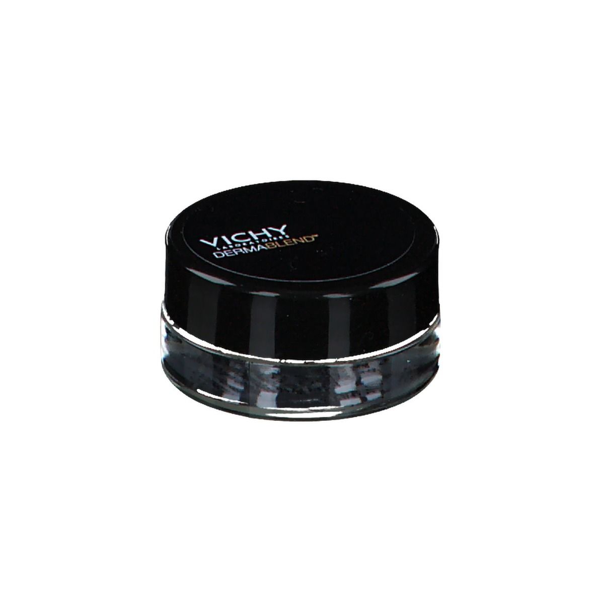 Pot rond avec couvercle noir. Logo VICHY DERMABLEND. Récipient en verre.