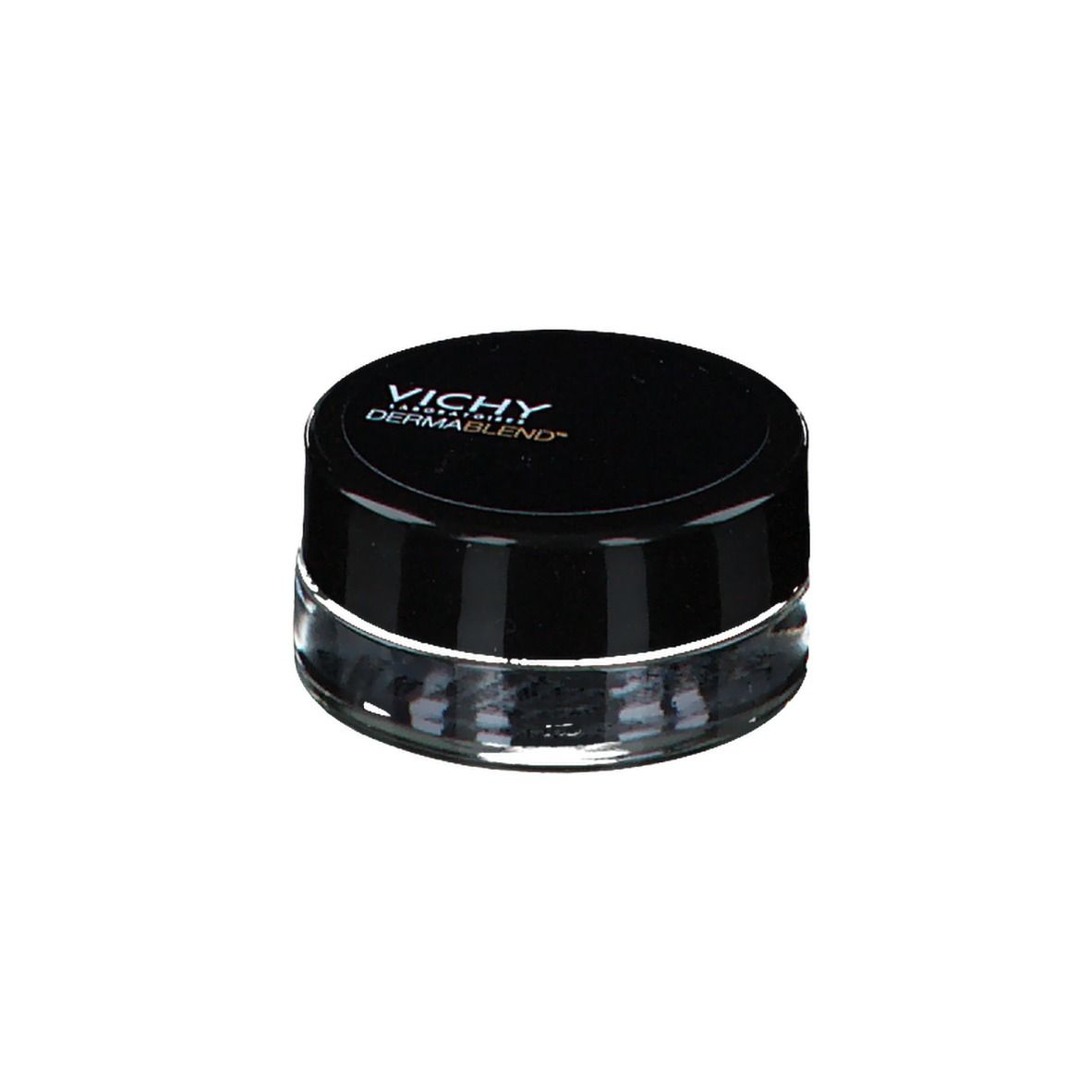 Pot rond avec couvercle noir. Logo VICHY DERMABLEND. Récipient en verre.