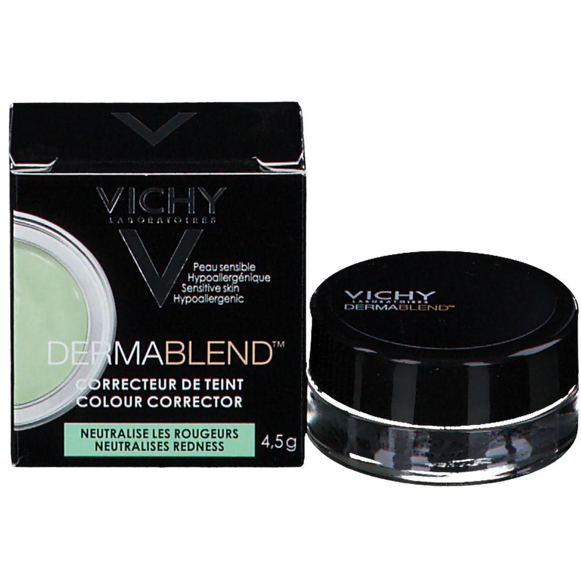 Emballage et pot. Boîte noire avec pot correcteur vert. Logo VICHY DERMABLEND.