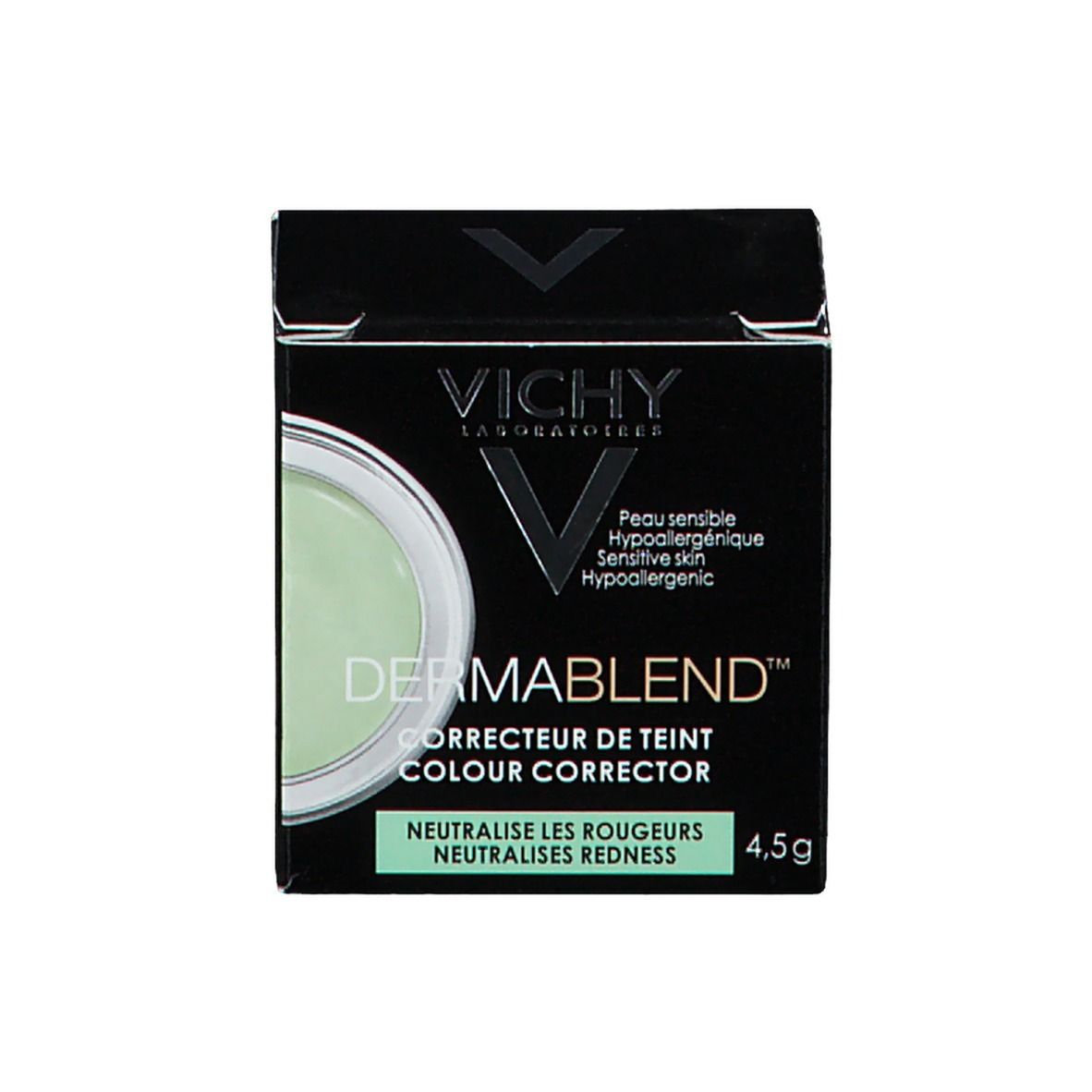 Emballage du produit. Boîte noire avec pot correcteur vert. Logo VICHY DERMABLEND.