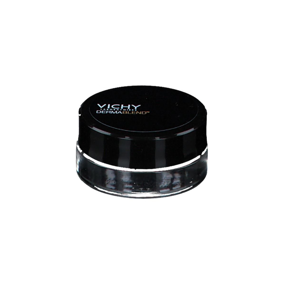 Vasetto chiuso con coperchio nero. VICHY DERMABLEND™ sul coperchio. Prodotto cosmetico.