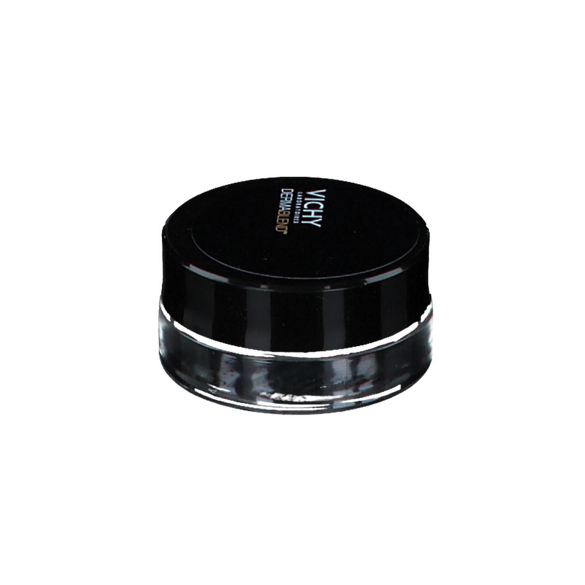 Vasetto chiuso con coperchio nero. VICHY DERMABLEND™ sul coperchio. Prodotto cosmetico.